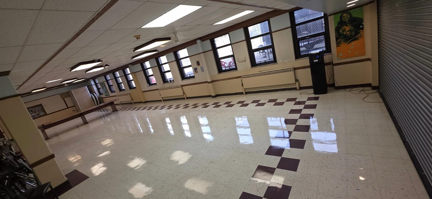 Finished, polished commercial floor in a community room