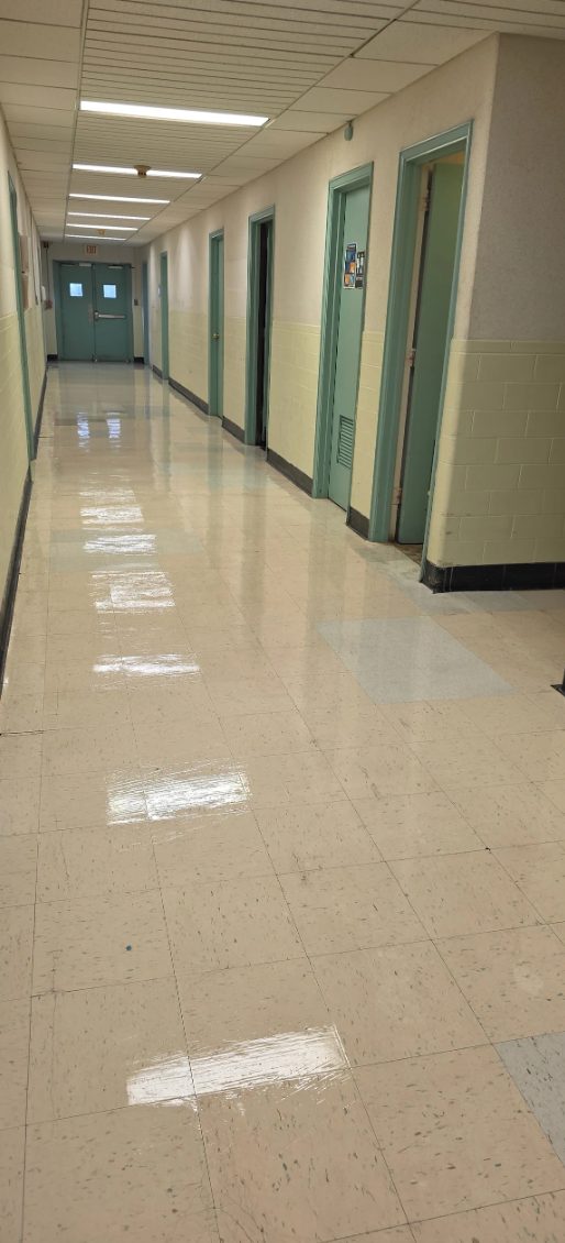 Freshly stripped and waxed hallway floor